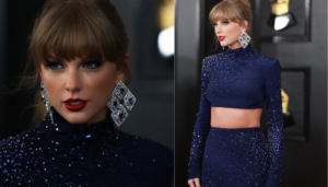 Taylor Swift wears an ornated navy-blue co-ord outfit at Grammy