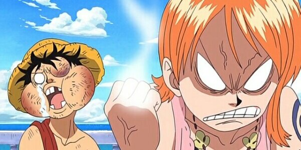 Nami is beating Luffy